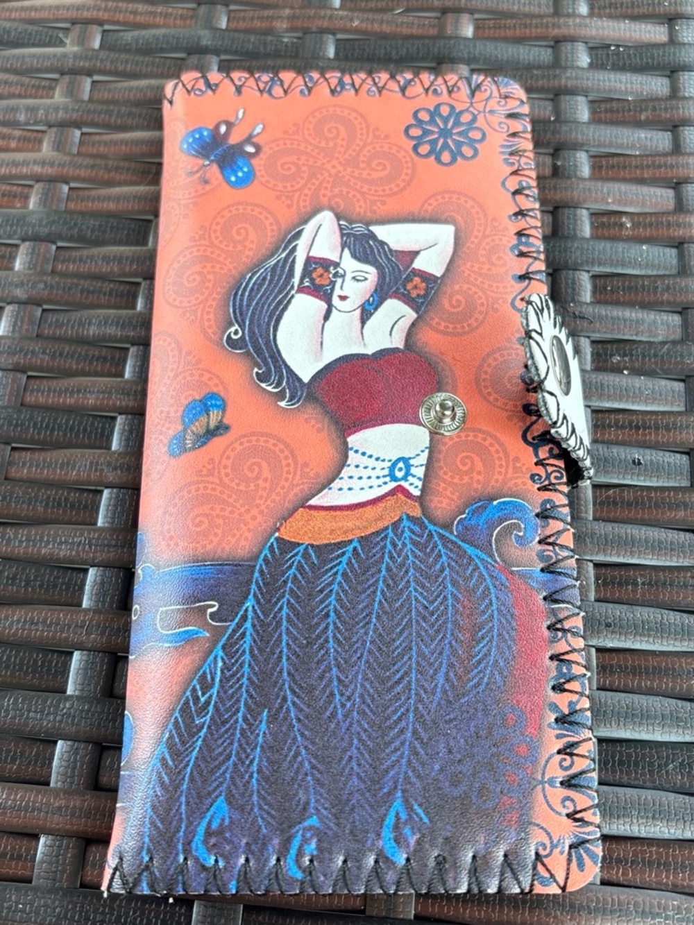 Women's Orange Artistic Leather Wallet with Blue Accents
